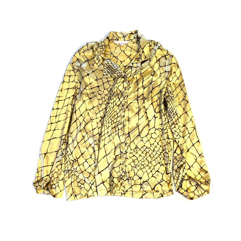 Victorias Secret Pajama Top XL Yellow Black Snake Satin Print Button Long Sleeve